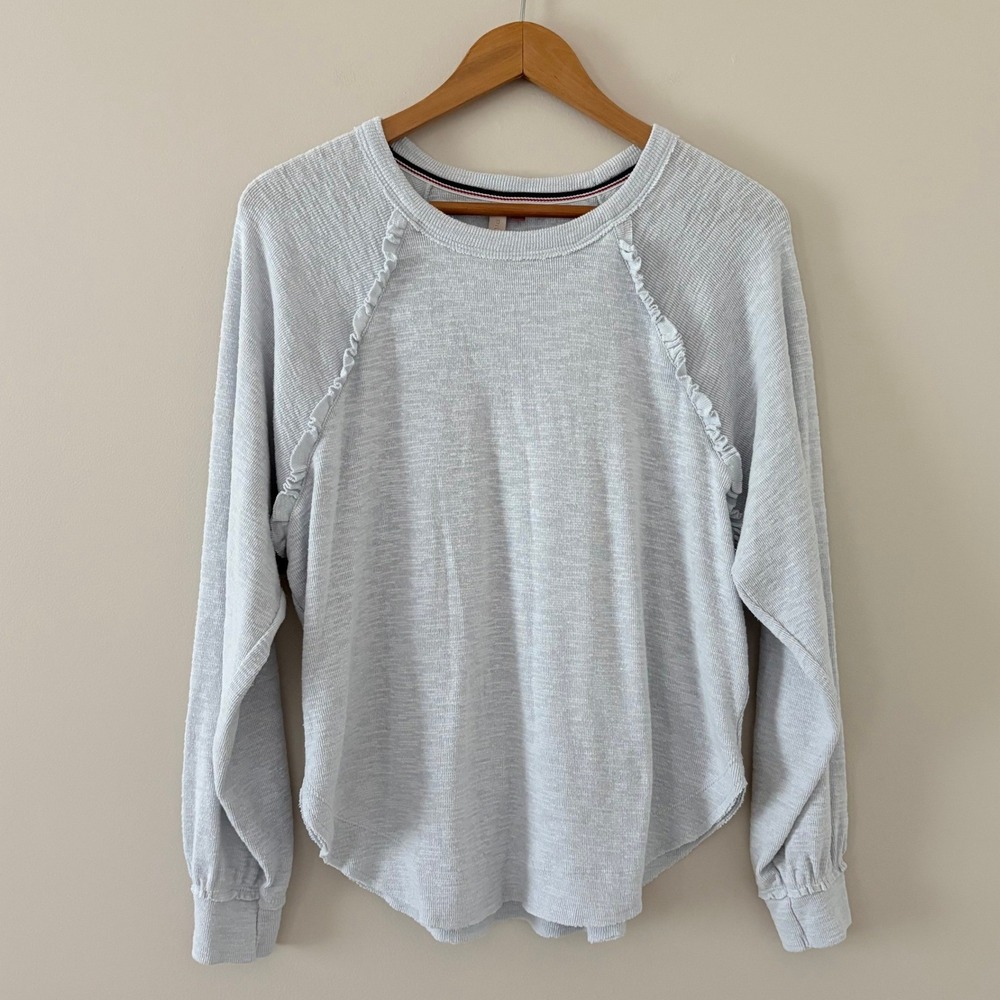 Pilcro Pullover Diana Small Blue Ruffled Raglan Thermal Slub Knit Anthropologie - Picture 3 of 12